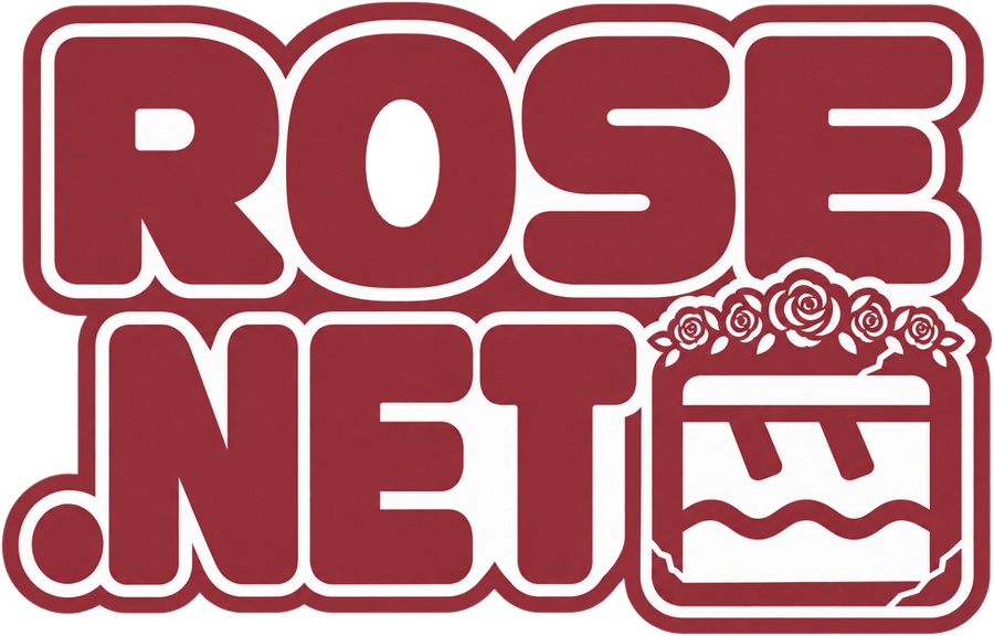 ROSE.NET logo: the words ROSE .NET in rose red beside a box crowned with roses